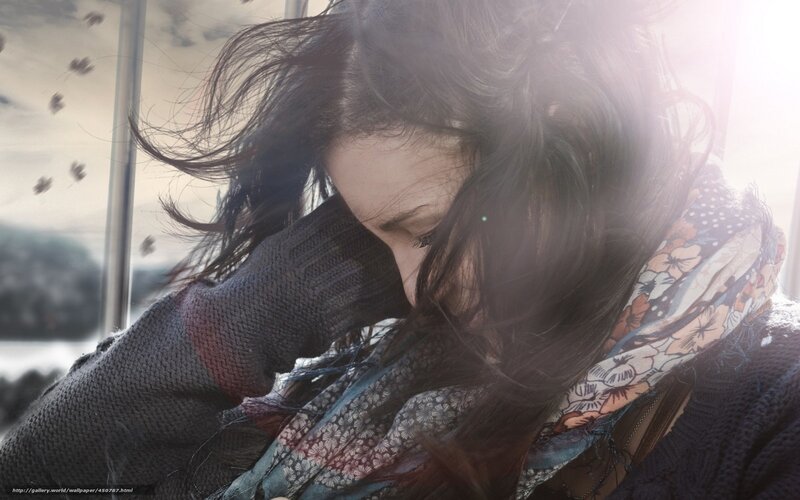 Woman with Dark Hair — Gray, Dramatic, Photograph, Scarf, Window
