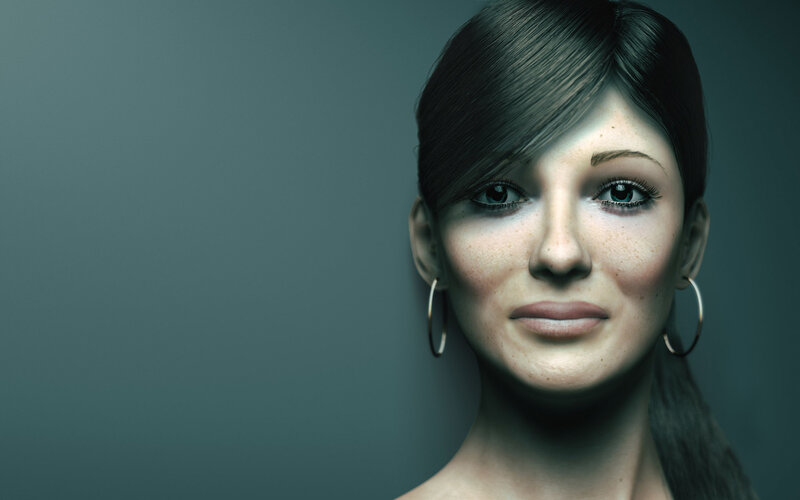 Woman with Dark Hair — Gray, Neutral, 3d Render, Hoop Earrings