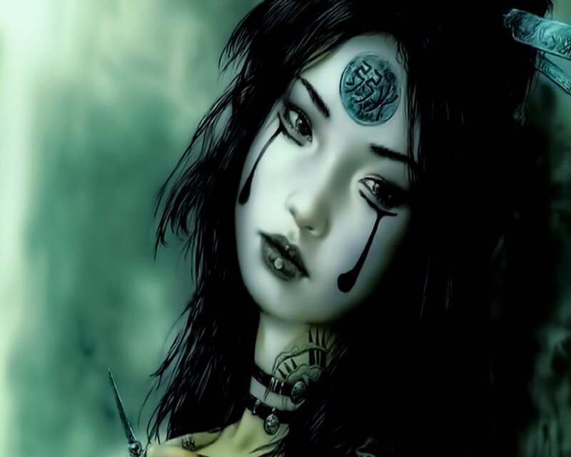 Woman with Dark Hair — Green, Dramatic, Digital Art, Tattoo