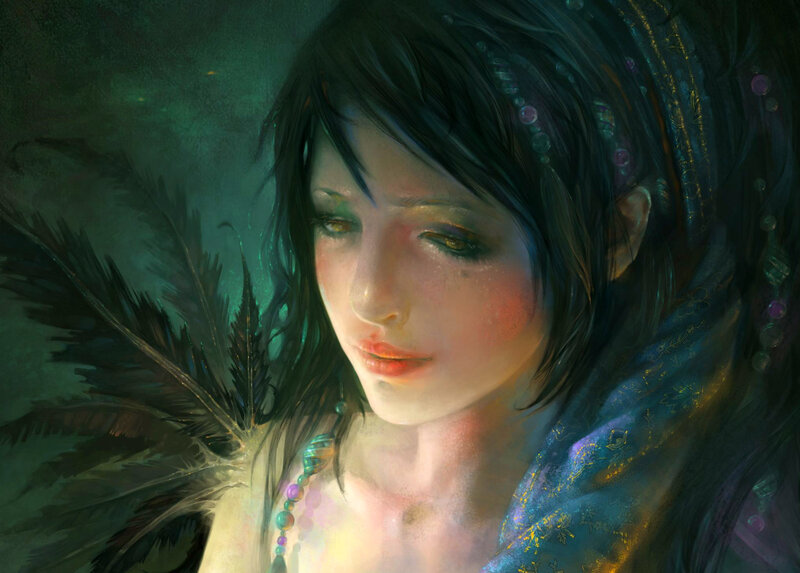 Woman with Dark Hair — Green, Dramatic, Night