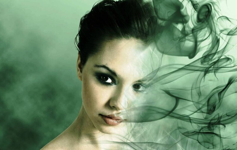 Woman with Dark Hair — Green, Dramatic