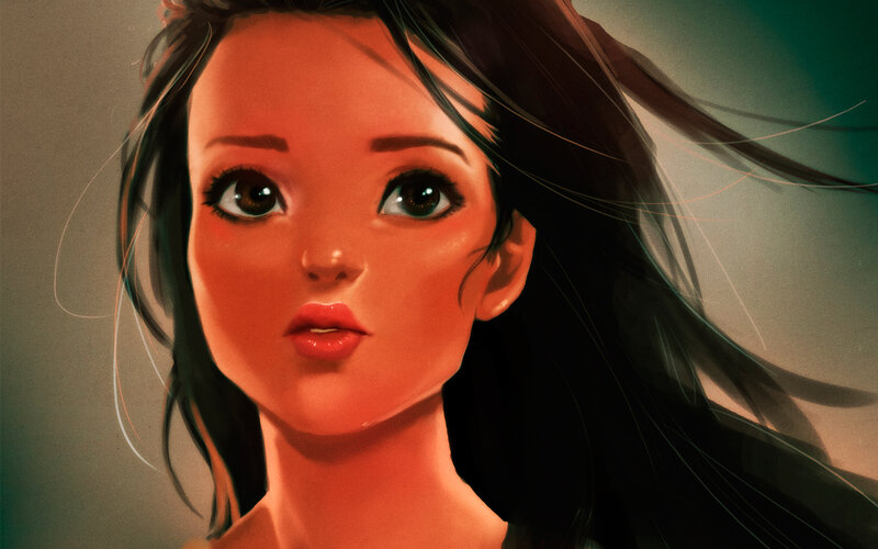 Woman with Dark Hair — Orange, Dramatic, Digital Art, Eyes