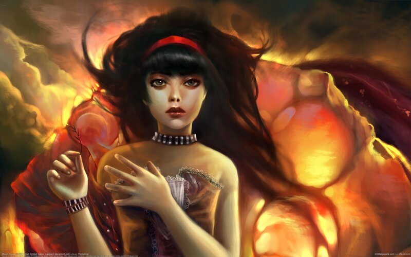 Woman with Dark Hair — Orange, Dramatic, Digital Art