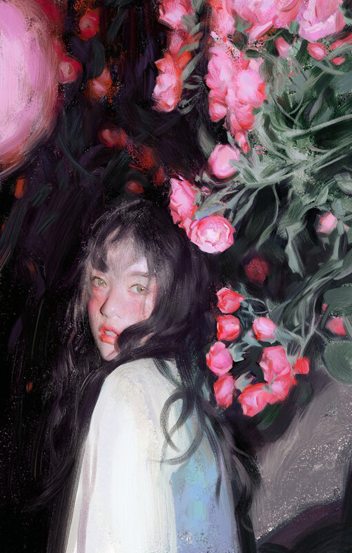 Woman with Dark Hair — Pink, Dramatic, Digital Art, Flowers