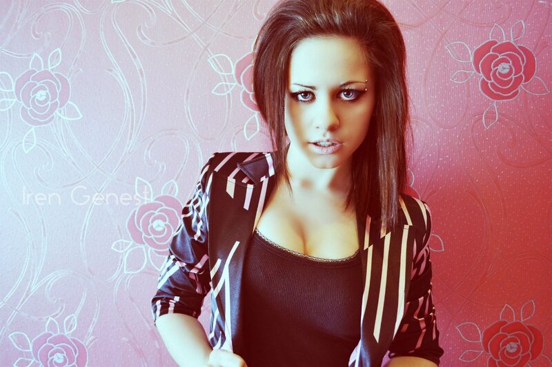 Woman with Dark Hair — Pink, Dramatic, Photograph, Striped Jacket