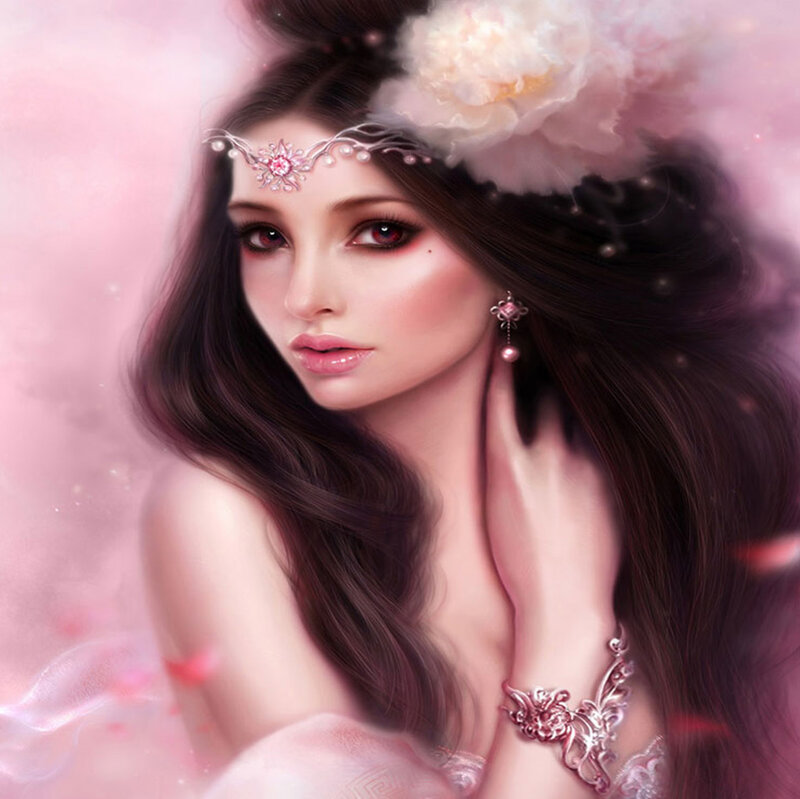 Woman with Dark Hair — Pink, Dreamy, Digital Art, Flower Crown, Jewelry, Long Hair