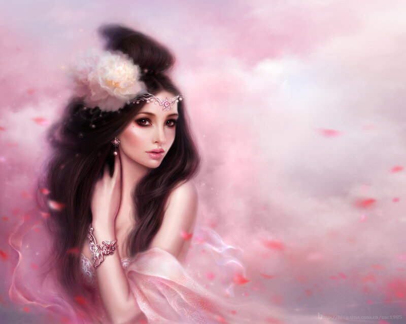 Woman with Dark Hair — Pink, Serene, Digital Art