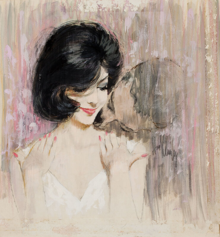 Woman with Dark Hair — Pink, Serene, Painting