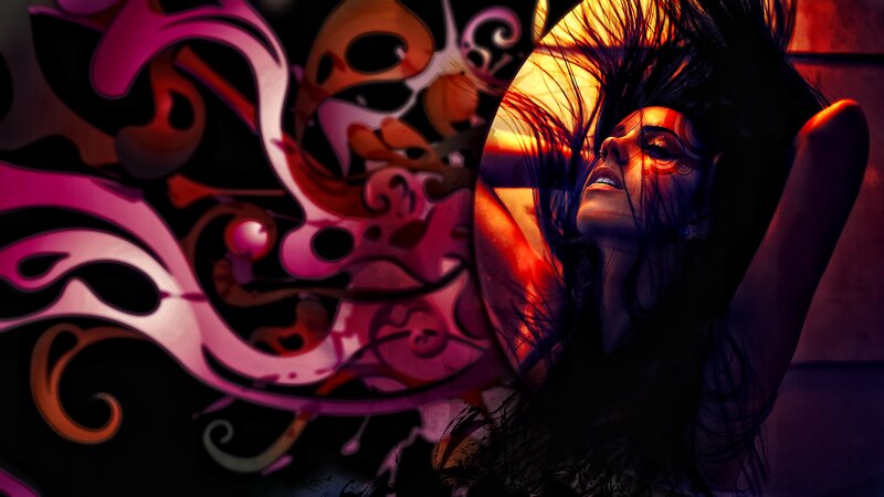 Woman with Dark Hair — Purple, Dramatic, Digital Art, Abstract Patterns
