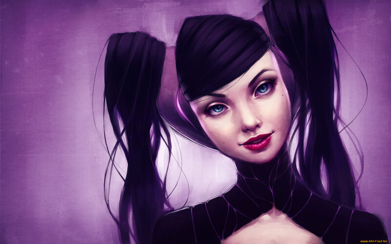 Woman with Dark Hair — Purple, Dramatic, Digital Art, Blue Eyes, Red Lips