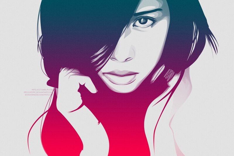 Woman with Dark Hair — Purple, Dramatic, Digital Art, Hand, Red