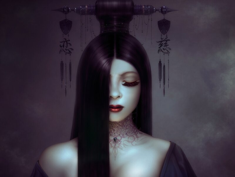 Woman with Dark Hair — Purple, Dramatic, Digital Art, Headdress, Tattoo