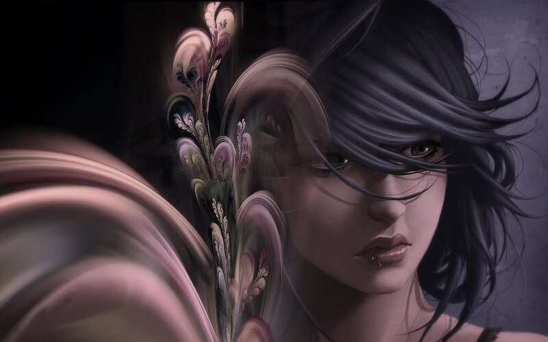 Woman with Dark Hair — Purple, Dramatic, Digital Art, Lip Ring
