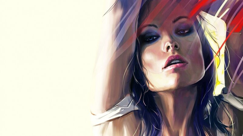 Woman with Dark Hair — Purple, Dramatic, Digital Art, Shoulder, Eyes