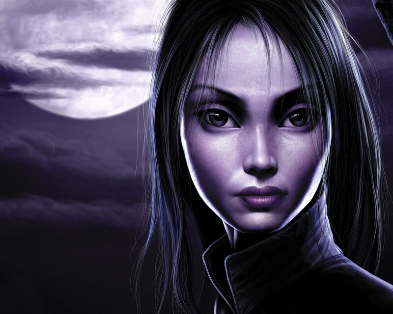 Woman with Dark Hair — Purple, Dramatic, Night, Digital Art