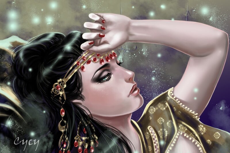 Woman with Dark Hair — Purple, Dreamy, Night