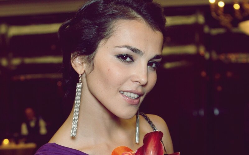 Woman with Dark Hair — Purple, Formal, Night, Photograph, Earrings