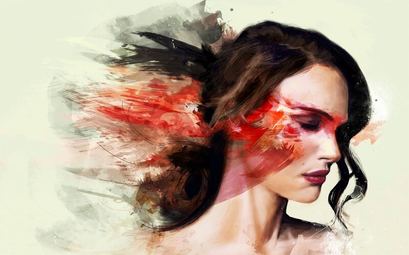 Woman with Dark Hair — Red, Dramatic, Digital Art, Face