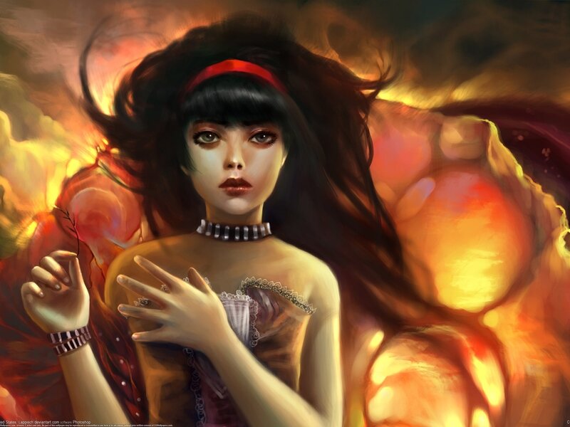 Woman with Dark Hair — Red, Dramatic, Digital Art, Fire
