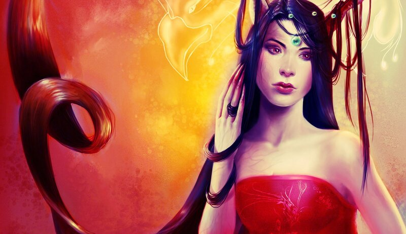Woman with Dark Hair — Red, Dramatic, Digital Art, Red Dress