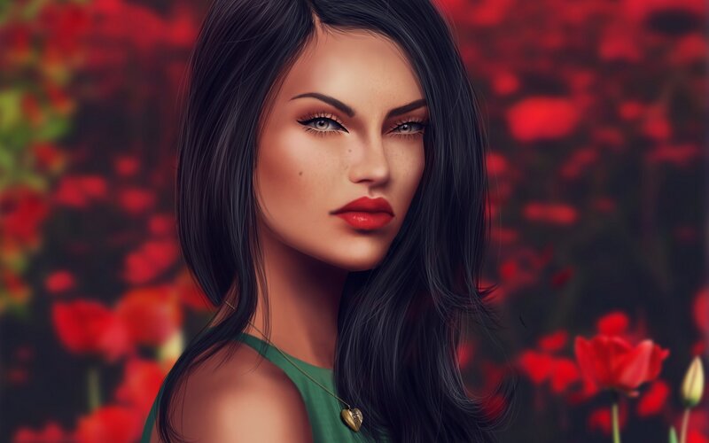 Woman with Dark Hair — Red, Dramatic, Digital Art, Red Flowers