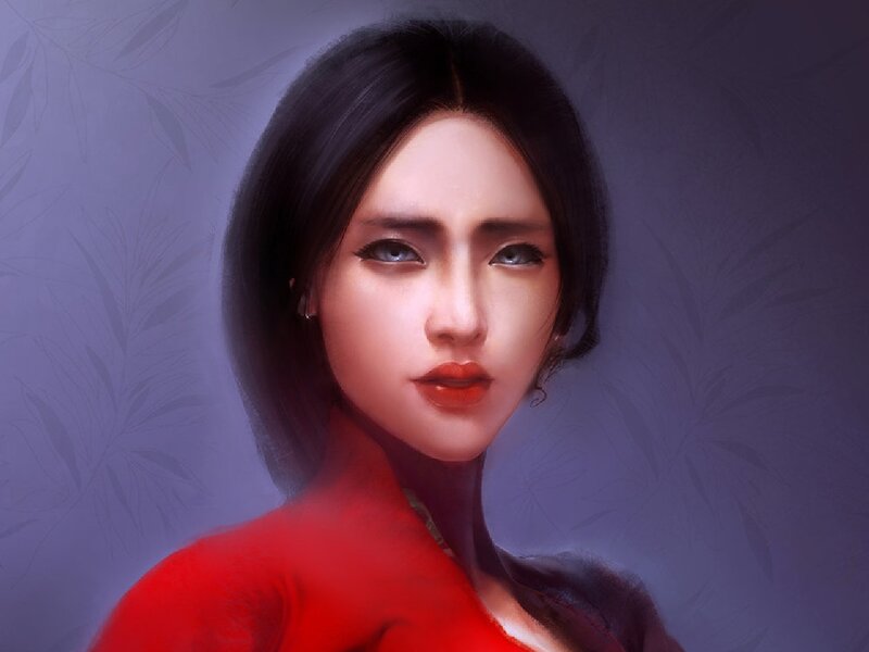 Woman with Dark Hair — Red, Dramatic, Digital Art, Red Shirt