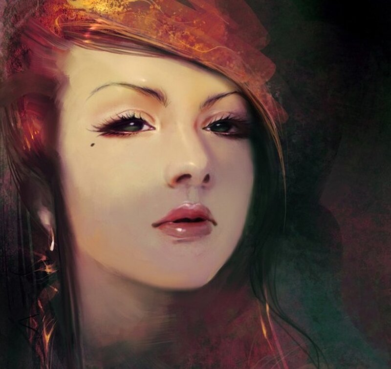Woman with Dark Hair — Red, Dramatic, Digital Art