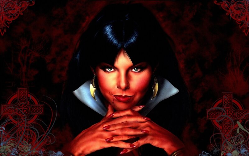 Woman with Dark Hair — Red, Dramatic, Night, Digital Art, Crosses