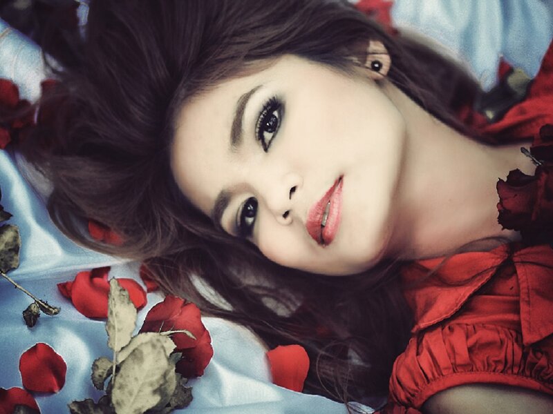Woman with Dark Hair — Red, Dramatic, Photograph, Red Rose Petals