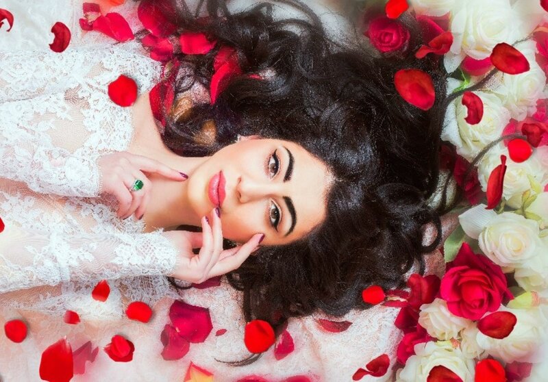 Woman with Dark Hair — Red, Dramatic, Photograph, Roses