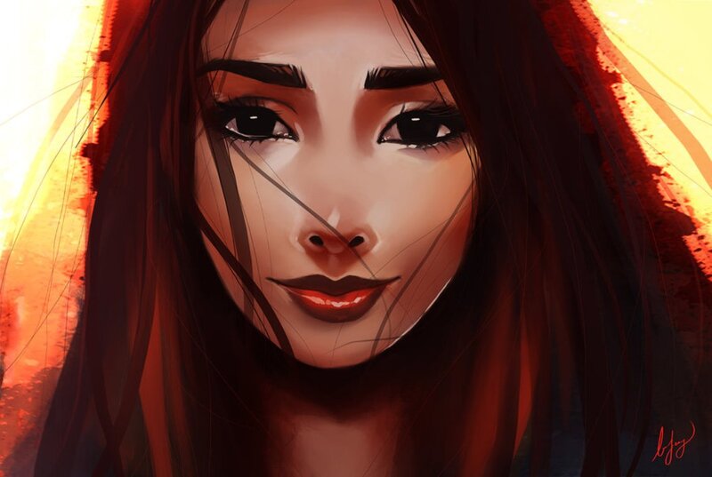 Woman with Dark Hair — Red, Dramatic, Sunset, Digital Art