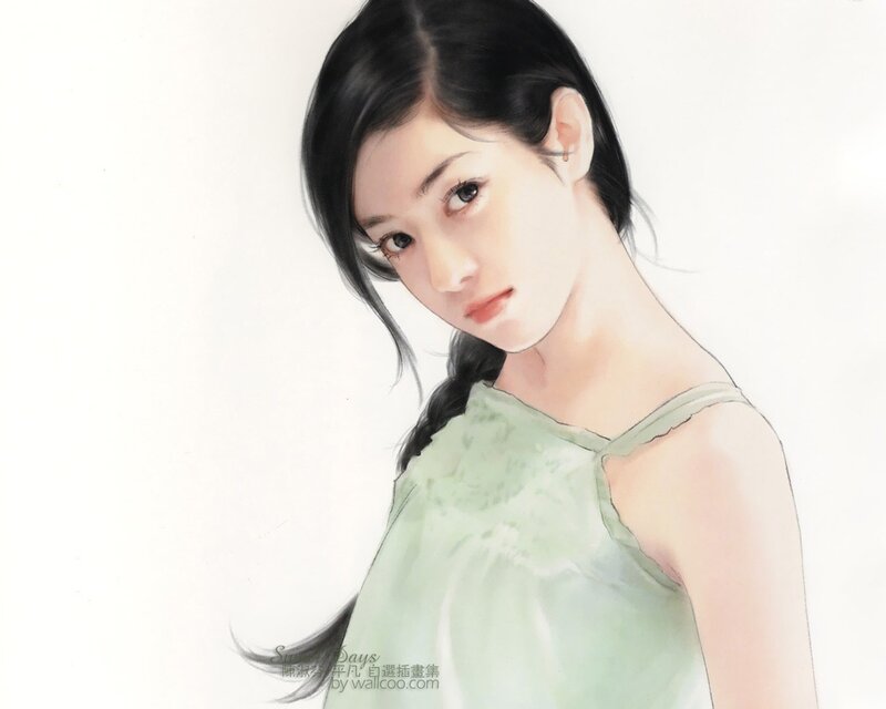 Woman with Dark Hair — White, Calm, Digital Art, Green Top