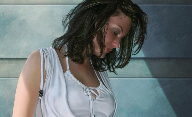 Woman with Dark Hair — White, Contemplative, Digital Art