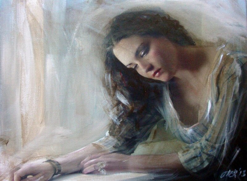Woman with Dark Hair — White, Contemplative, Painting
