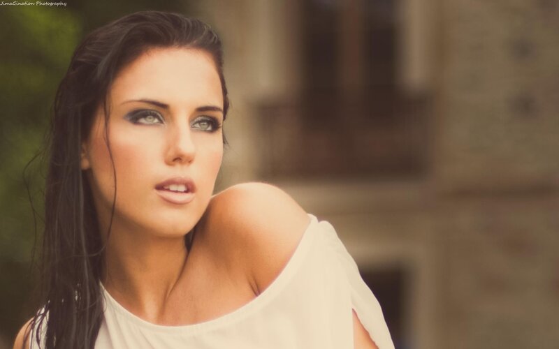 Woman with Dark Hair — White, Dramatic, Afternoon, Photograph, White Top
