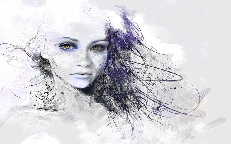 Woman with Dark Hair — White, Dramatic, Digital Art, Eyes, Face