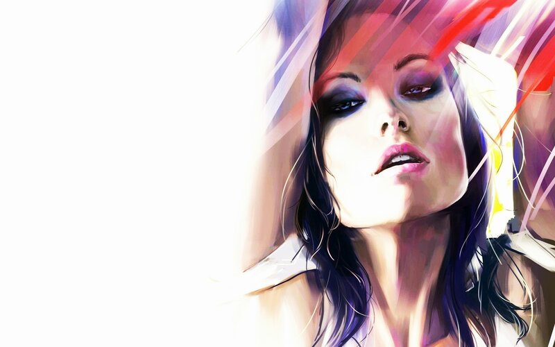 Woman with Dark Hair — White, Dramatic, Digital Art, Eyes, Makeup