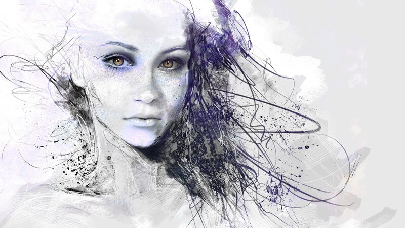 Woman with Dark Hair — White, Dramatic, Digital Art, Eyes, Sketch