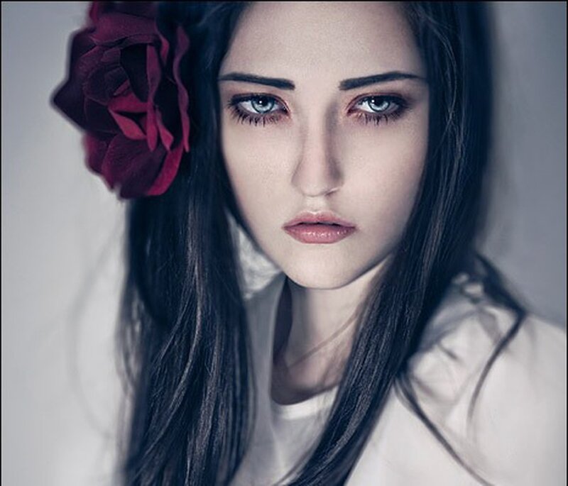 Woman with Dark Hair — White, Dramatic, Photograph, Rose