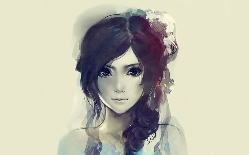 Woman with Dark Hair — White, Serene, Digital Art, Flowers