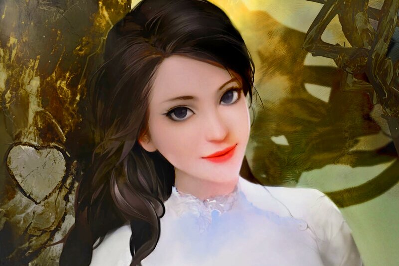 Woman with Dark Hair — White, Serene, Digital Art, Heart Carving