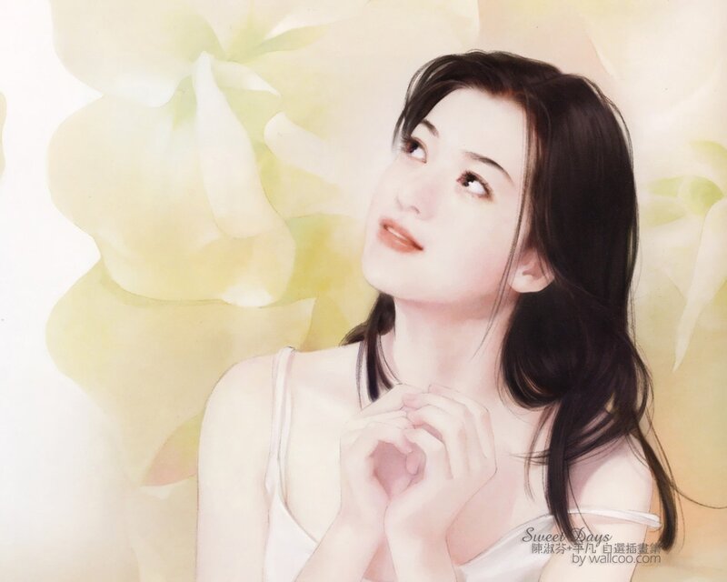 Woman with Dark Hair — White, Serene, Illustration, Flowers