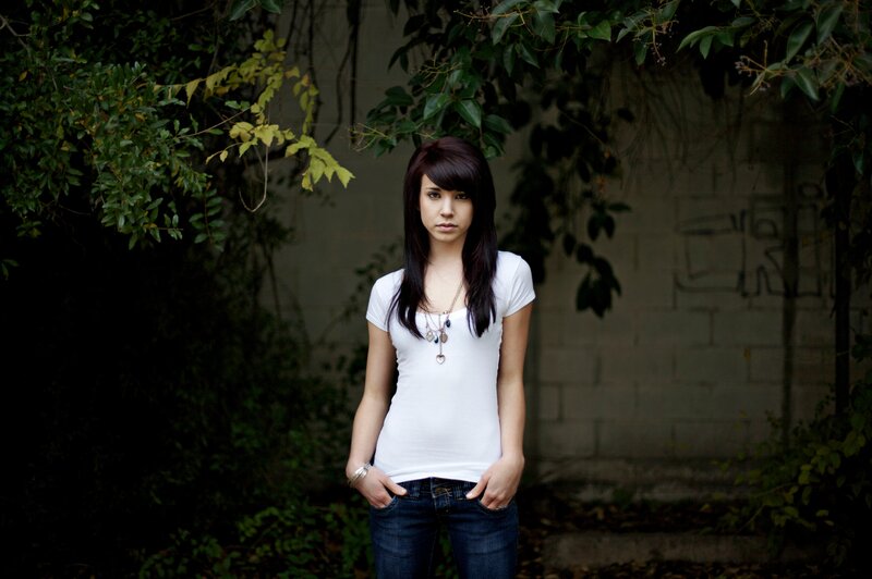 Woman with Dark Hair — White, Serious, Photograph, White T-shirt