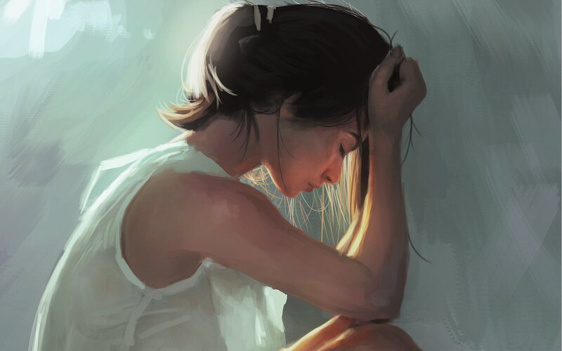 Woman with Dark Hair — White, Somber, Digital Art