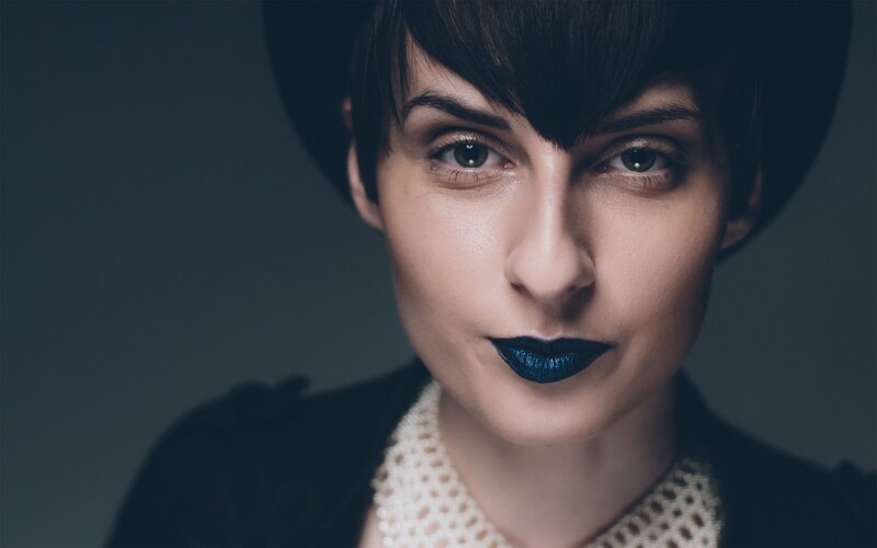 Woman with Dark Lipstick — Black, Dramatic, Photograph, Hat