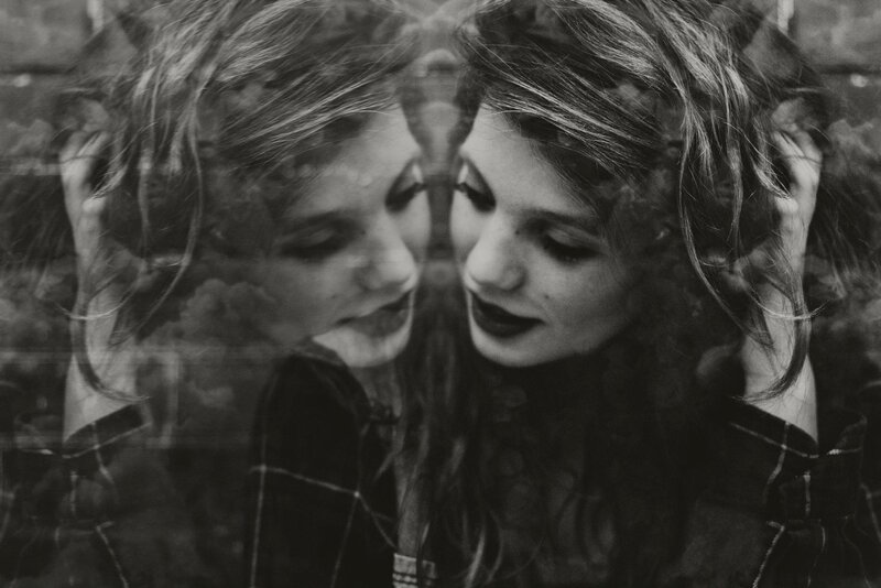 Woman with Dark Lipstick — Black, Dramatic, Photograph, Plaid Shirt