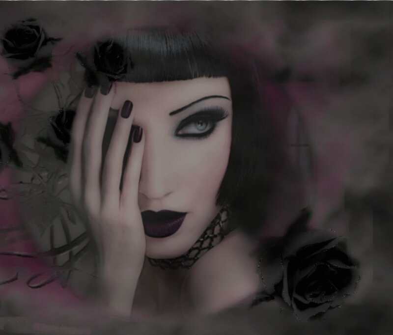Woman with Dark Makeup — Black, Dramatic, Digital Art, Black Roses