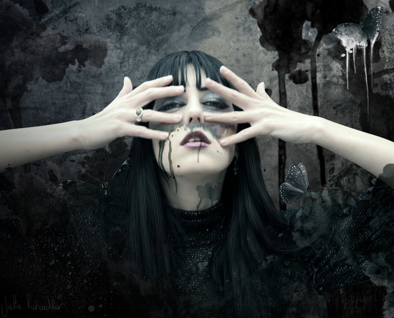 Woman with Dark Makeup — Black, Dramatic, Digital Art, Butterflies