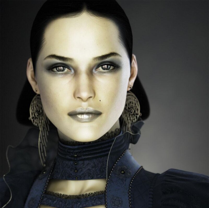 Woman with Dark Makeup — Black, Dramatic, Digital Art, Earrings, High Collar