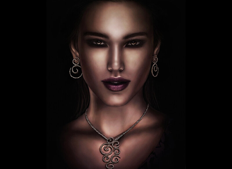 Woman with Dark Makeup — Black, Dramatic, Digital Art, Earrings